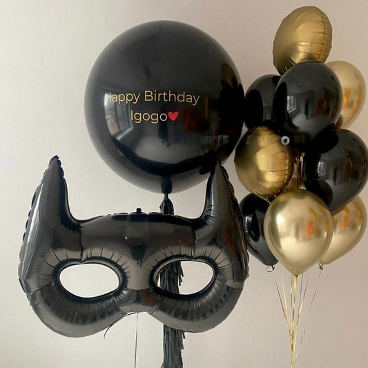 Personalised Clear with Black Latex and Customize Sticker, Batman Musk and Latex Helium Bunch Black and Gold - Superhero, Marvel-Themed, Batman-Themed Perfect for any Occasions