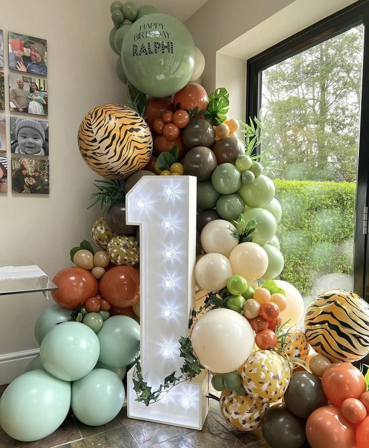 Balloon Green, White, Dust White, Brown and Animal Printed Chain with Customizable Stickers Decor and Number ‘1’ LED Numbers - Animal-Themed Perfect for any Celebration