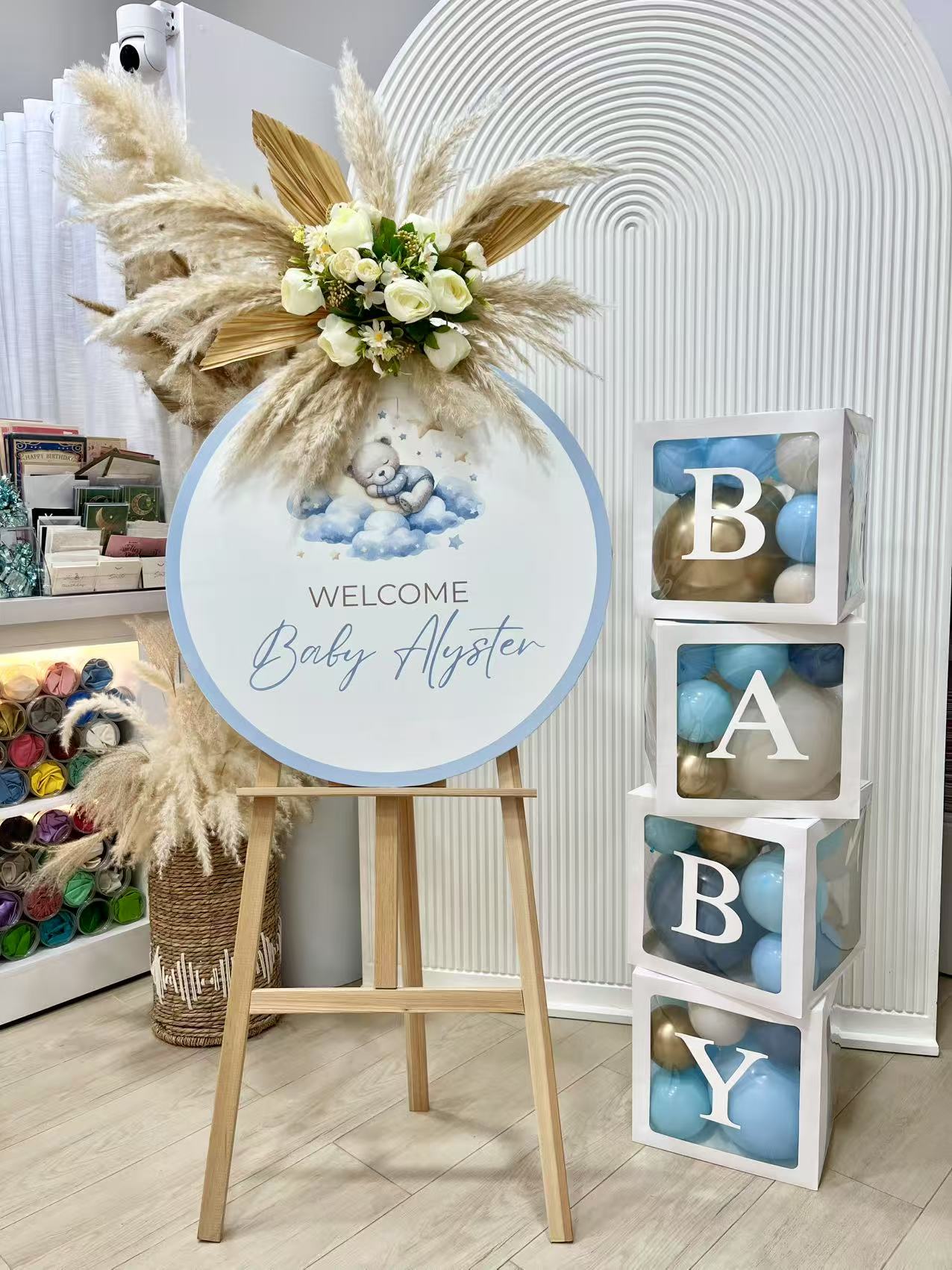 Baby Shower Balloon Light Gold, Blue and Beige with BABY Box with Mini Balloons and Customizable Circle KT Board and Artificial Boho-Themed Flowers Decor Setup - Perfect for special occasions