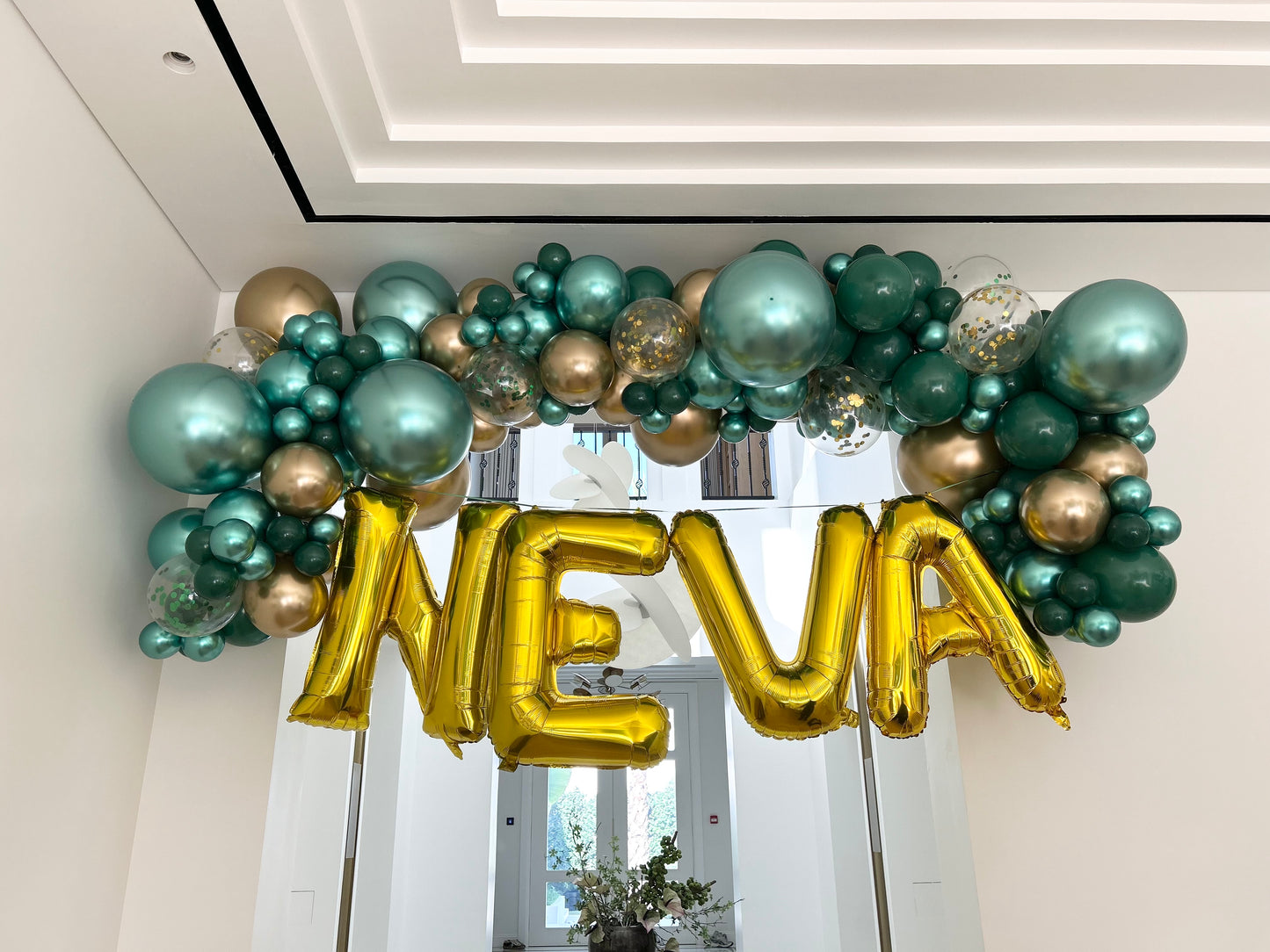 Balloon Chain Garland Chrome Green Light Gold Clear with Confetti with Gold Letter - Customizable Design