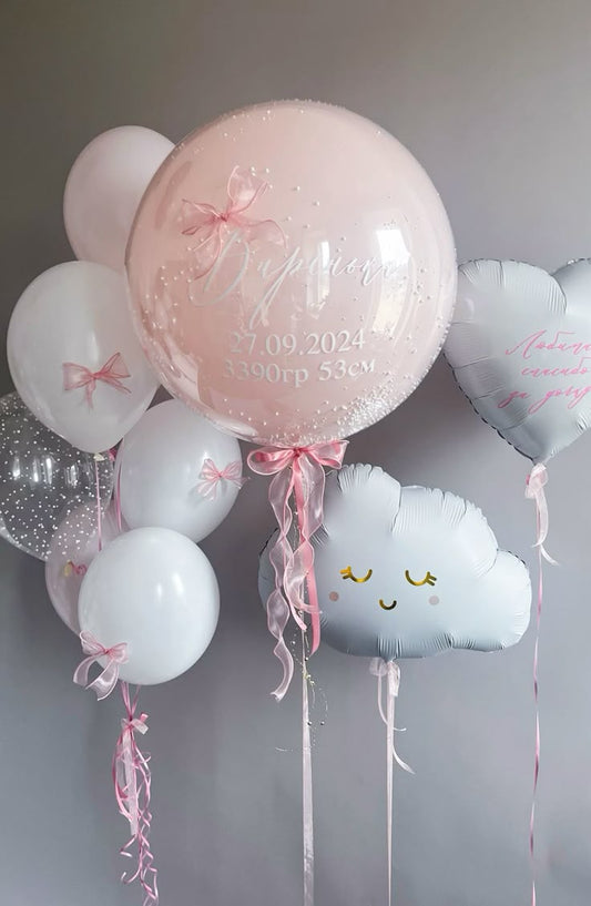 Personalised Clear with Pink Latex, White Foam and Customize Sticker and Latex White and Clear with Foam and Helium Bunch, Heart with Customize Sticker and White Cloud Foil Helium Balloon - Baby Shower, Perfect for special occasions!