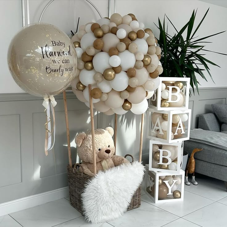 Hospital or Home Welcoming Baby Balloon Teddy Bear in Basket with White Fabric Baby BOX with Balloons White Brown Light Gold Personalised Beige Customize Sticker - Perfect for special occasions Baby Shower Welcome Baby Newborn