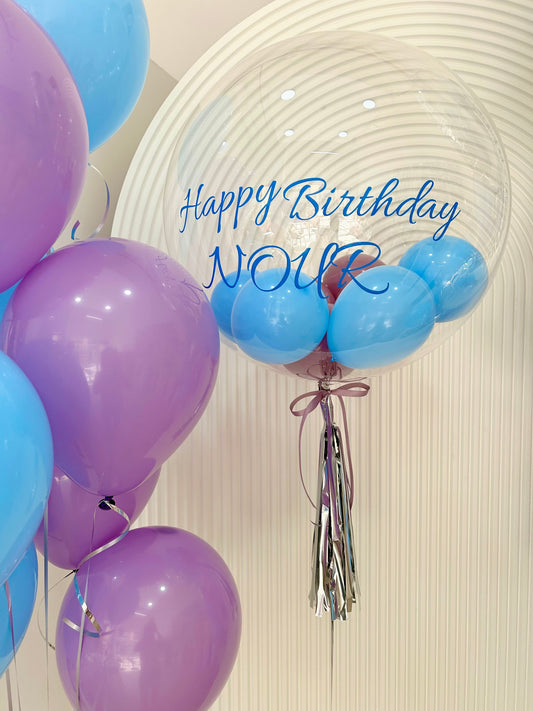 Personalised Helium Clear with Blue and Purple Mini Latex Balloon with Silver Tassels - Perfect for any Occasions