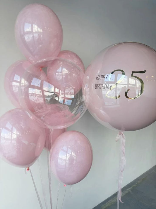 Personalised Helium Balloons Clear with Pink Latex, Ribbons and Customize Sticker and Double Layered Latex Bunch Pink and Clear with 18" Clear - Perfect for any Occasions