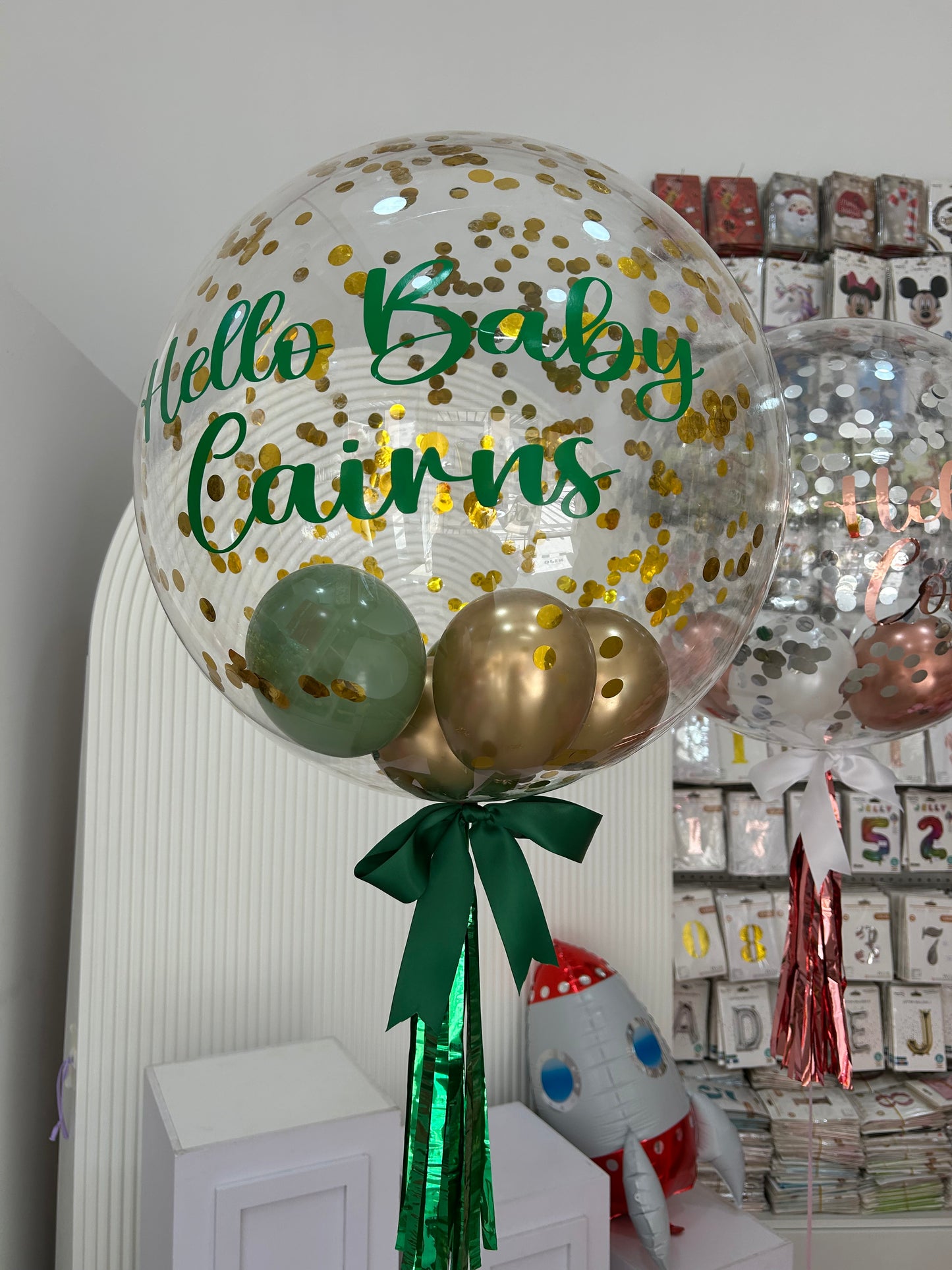 Personalised Helium Balloon Clear with Gold Confetti and Green Stickers with Mini Latex Inside, Tassels and Ribbons - Perfect for any Occasions