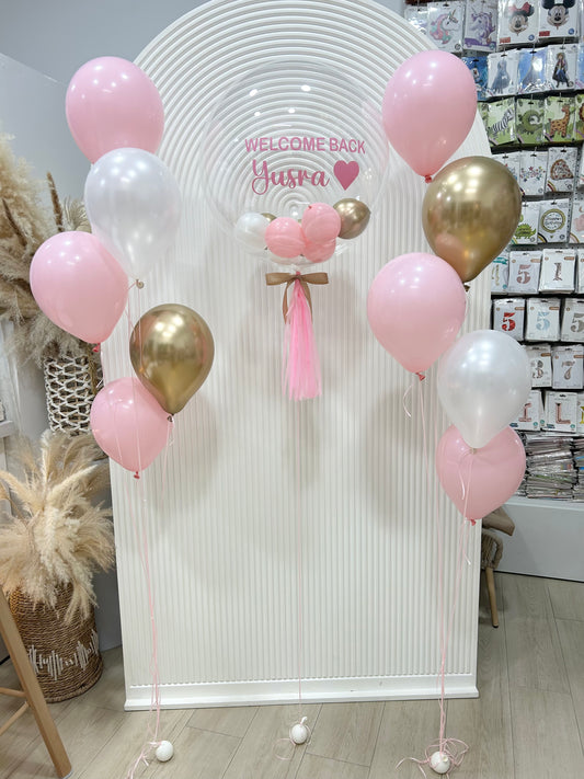 Personalised Helium Clear with Mini Latex and Pink, Pearl White and Light Gold Bunch, Customizable Sticker and Ribbons and Strings  - Perfect for any Occasions