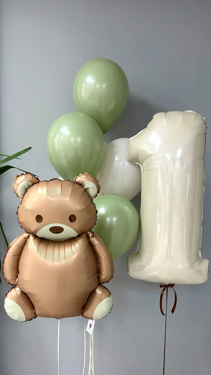 Helium Balloons Single Number Set Beige '1' with Latex Balloons Beige and Oliver Green with Bear Foil - Perfect for any Occasions