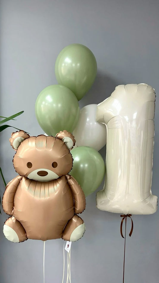 Helium Balloons Single Number Set Beige '1' with Latex Balloons Beige and Oliver Green with Bear Foil - Perfect for any Occasions
