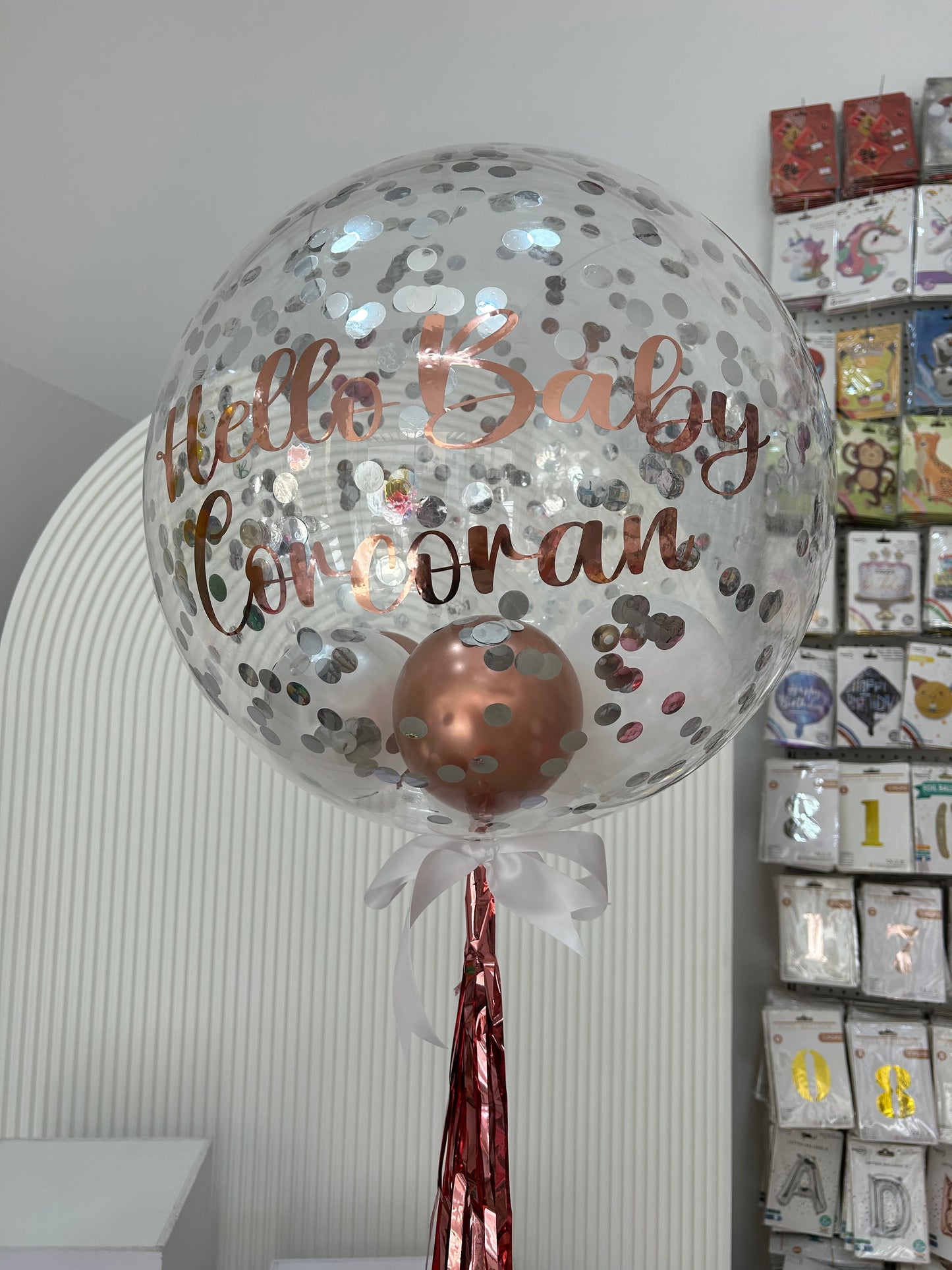 Personalised Helium Balloon Clear with Silver Confetti and Rose Gold Stickers with Mini Latex Inside, Tassels and Ribbons - Perfect for any Occasions