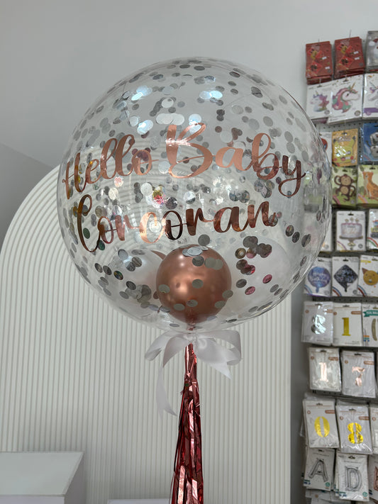 Personalised Helium Balloon Clear with Silver Confetti and Rose Gold Stickers with Mini Latex Inside, Tassels and Ribbons - Perfect for any Occasions