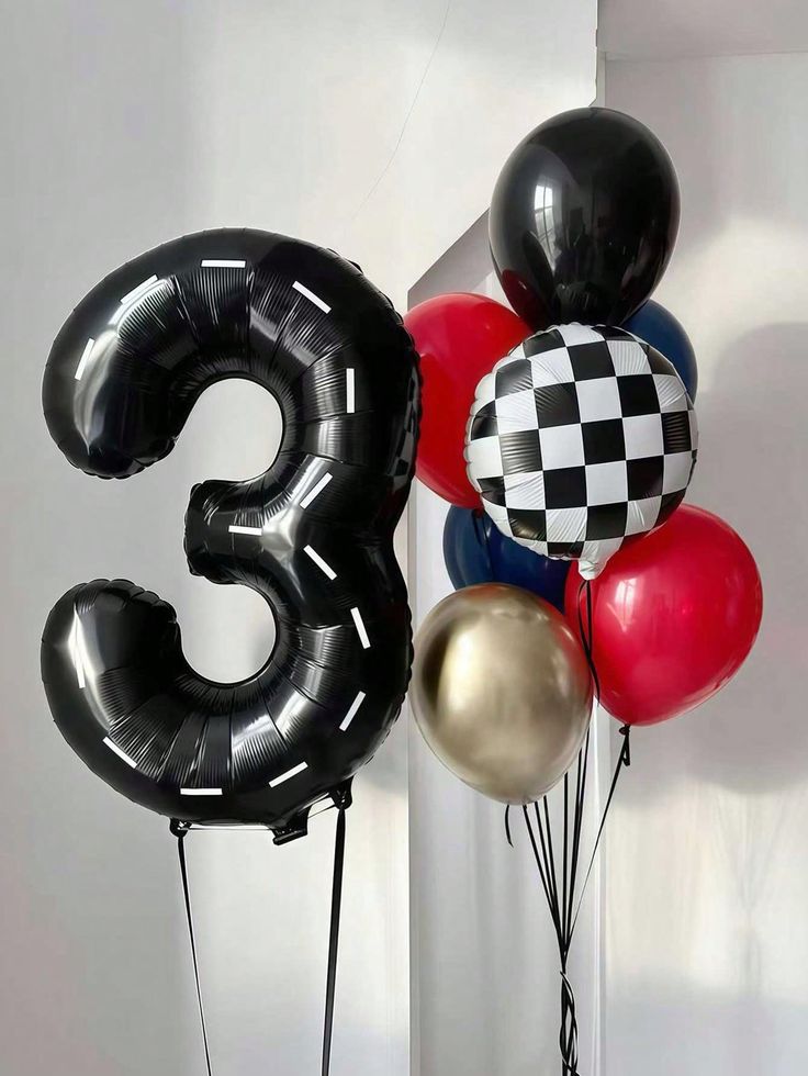 Helium Balloon Single Number Set of Black Number ‘3’ Balloon with Circle Checkered and Latex Red, Light Gold, Blue and Black Helium Bunch - Racing Car-Themed Perfect for any Occasions