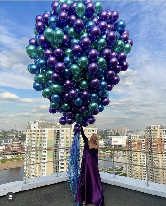 Latex Helium Bunch Chrome Blue, Green and Purple Balloons with Blue Strings - Perfect for Special Occasions!