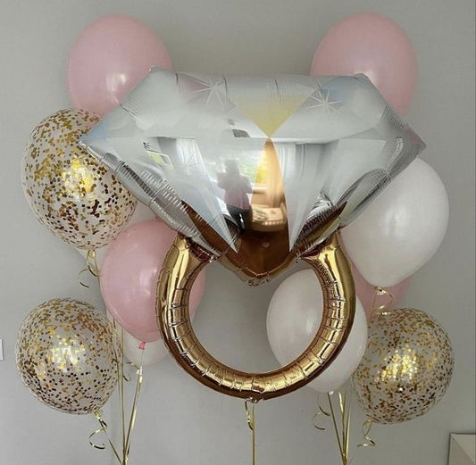 Engagement Gold Diamond Ring with Helium Bunch White, Pink and Clear with Confetti - Bridal Shower Perfect for Special Occasions!