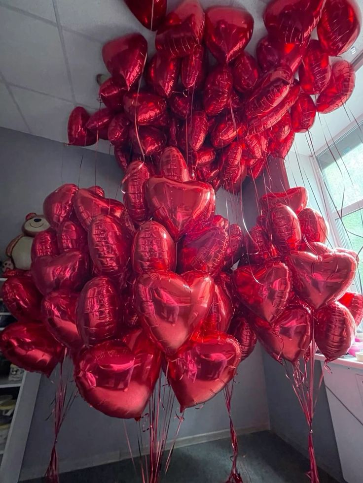 Red Heart-Shaped Helium Foil Balloons Bunches and Ceiling Decoration - Valentine's, Anniversary Perfect for special occasions!