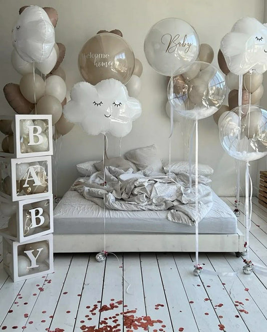 Personalised Clear with Feather and Sticker, Latex Beige and White with Beige and Brown Hearts Balloons Bunch, White Clouds Foil Helium and "BABY" Box with Mini Balloons and Petals - Baby Shower, Perfect for special occasions!