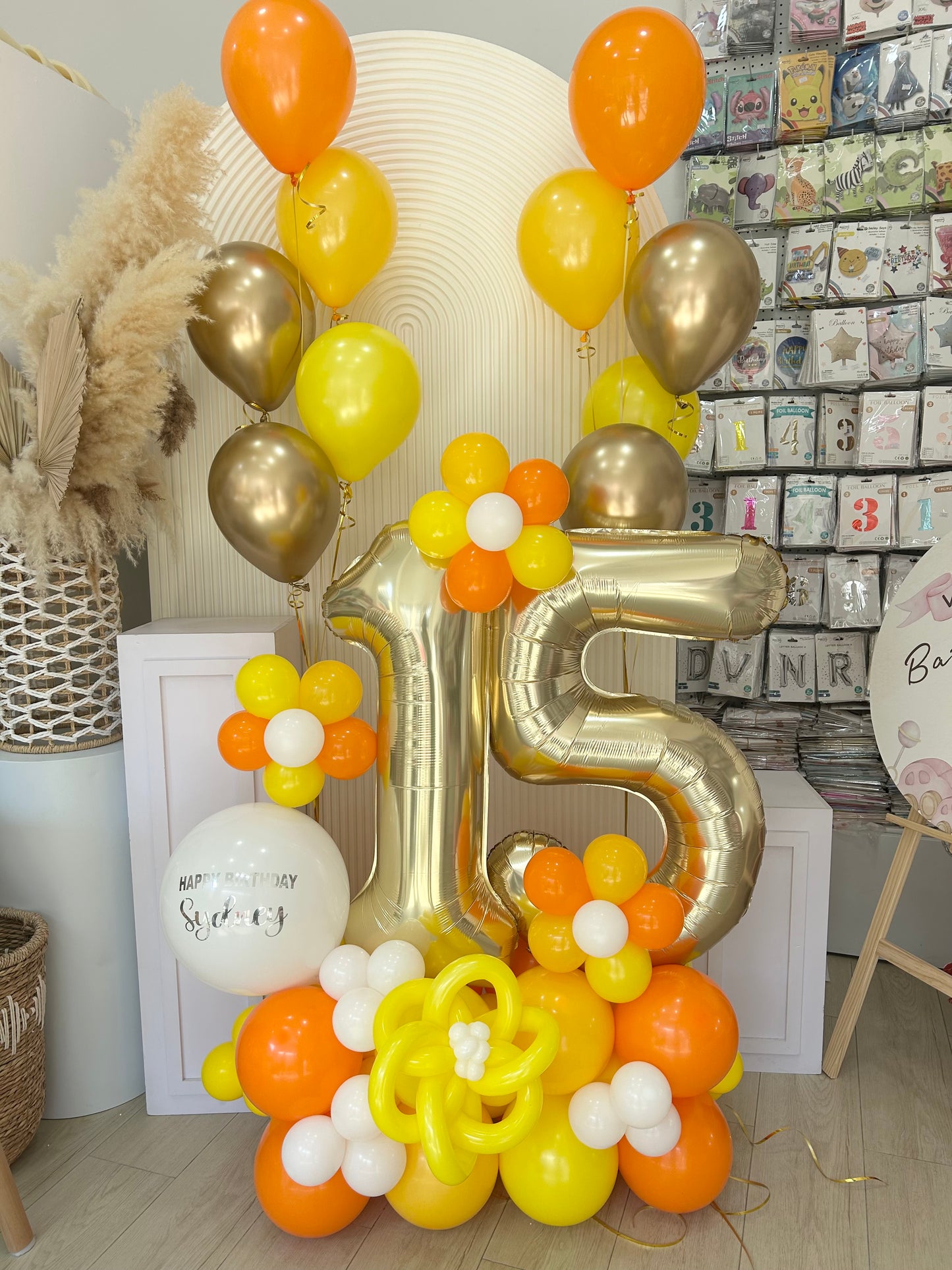 Platform Light Gold Number '15’ with Balloons Autumn Orange Yellow White Light Gold Customizable Sticker and Latex Helium Bunch – Customizable Design