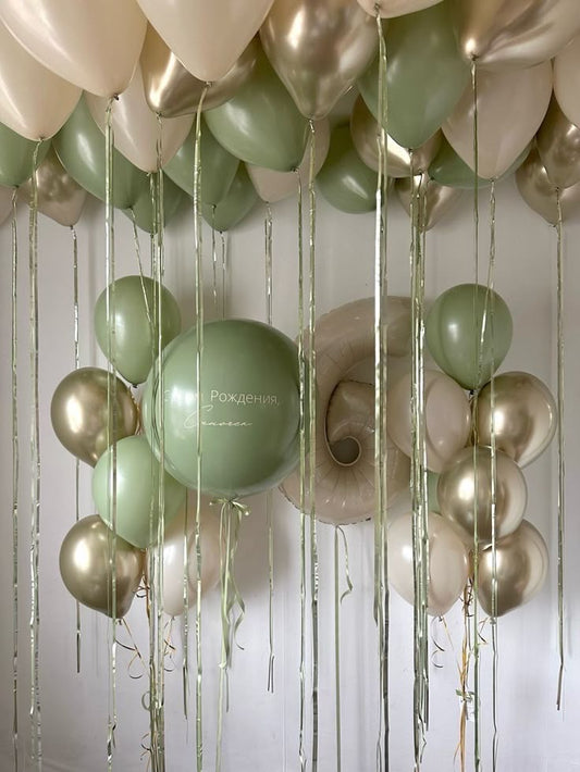 Personalised Helium Balloon Clear with Customizable Stickers, Light Gold, Green and Sand White Latex Bunch, Beige ‘6’ Number Balloon, Ceiling Balloons and Ribbons - Perfect for any Occasions