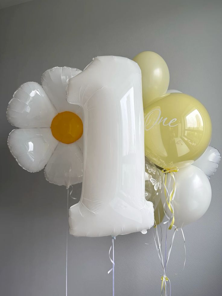 Helium Balloons Single Number Set White '1' and Personalised Clear with Yellow Latex with Customize Sticker, Latex Bunch White, Yellow and Clear with Heart-Shaped and Daisy Flower Foil with Ribbons - Customizable for Any Celebration
