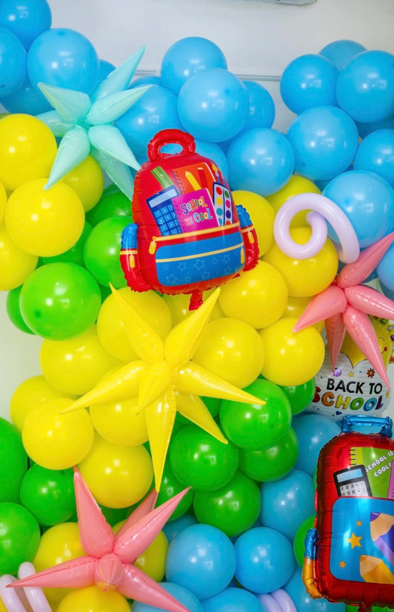 Balloon Blue, Yellow and Green Wall Decor Bus, Pencil, Backpack and ‘Back to School’ Foil Balloons with Setup - Customizable for special school occasions