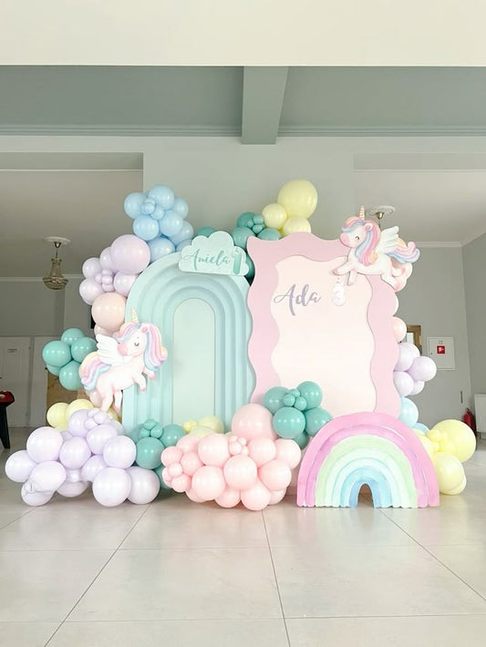 Full Set Customizable (Theme,Name,Designs,Color) Board Backdrop with Balloons Blue, Green, Purple, Pink and Yellow Setup -  Unicorn-Themed Perfect for special occasions