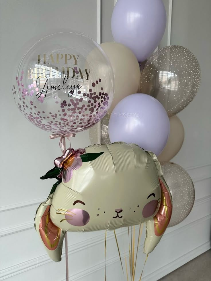 Personalised Clear with Confetti and Customize Sticker, Rabbit and Latex Helium Purple, Beige and Clear with White Foam - Rabbit-Themed Fairy-Themed Garden-Themed Perfect for any Occasions