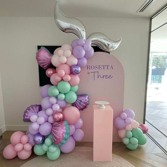 Balloon Purple, Green, Pink and Sand White with Shells and Silver Mermaid Tail Decor Setup - Mermaid/Sea-Themed Perfect for special occasions
