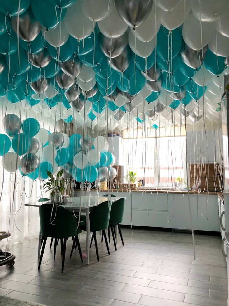 Latex Helium Bunch and Ceiling White, Silver and Teal Balloons with White Strings - Perfect for Special Occasions!