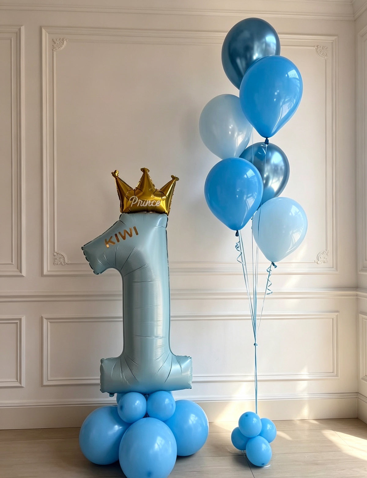 Number Balloon on Stand Blue Number Prince '1’ with Balloons Different Shades of Blue with Helium Latex Bunch & Custom Sticker - Customizable Design