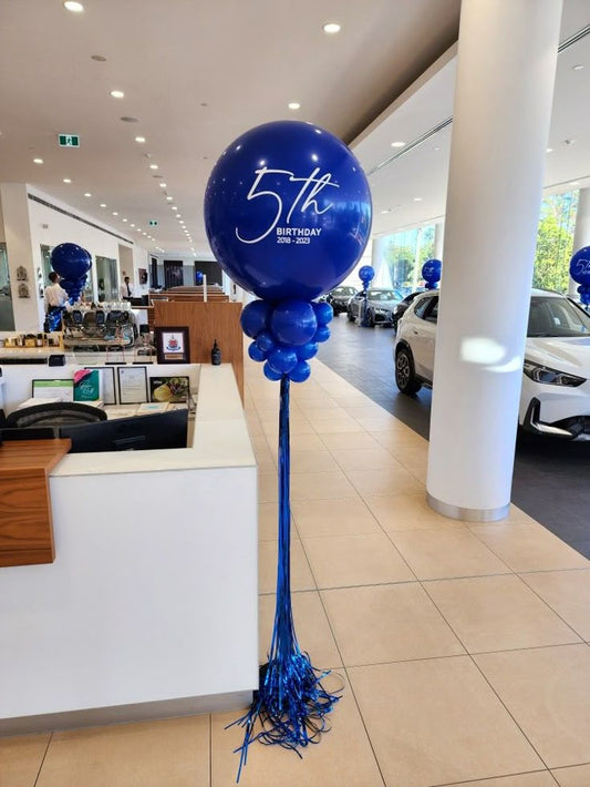 Personalised Company Logo Sticker Balloon Blue with Tassels accents Pillar/Column/Tower - Corporate Event, Grand Opening, Company Event Perfect for special occasion!
