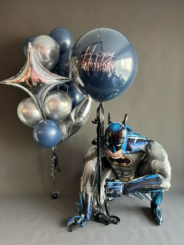 Personalised Balloon with Sticker with Blue and Silver Latex Bunch with Star accents and Self Standing Batman - Batman-Themed Perfect for special occasions
