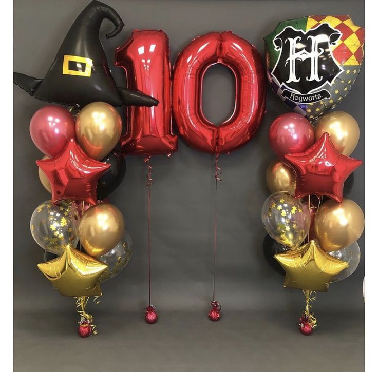 Helium Balloon Two Number Set of Red Numbers ‘10' Balloon, Harry Potter Flag, Witch Hat, Red and Gold Star with Latex Helium Bunch Red, Clear with Confetti, Black and Gold - Harry Potter-Themed Perfect for any Occasions