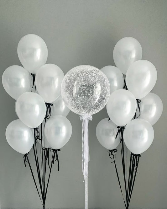 Helium Balloons Clear with White Foam, Ribbons and Customize Sticker and Latex Bunch Pearl White with Black Strings - Perfect for any Occasions