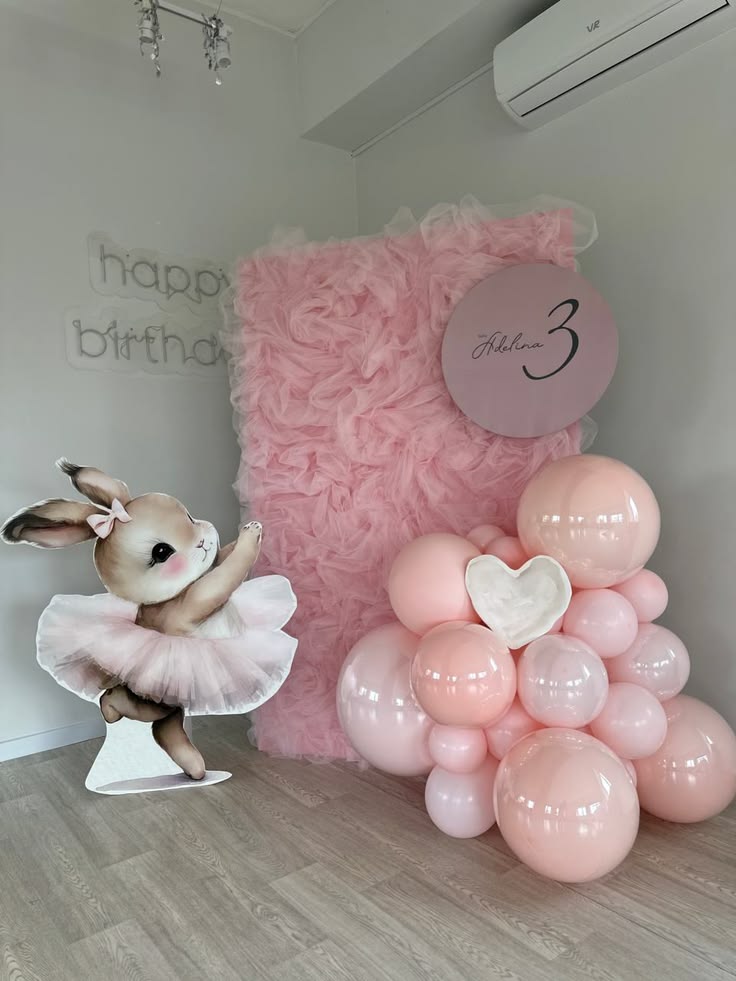 Rabbit Theme with Fabric Backdrop Number 3 Themed Customize Backdrop and Balloons Pink Themed Birthday Party