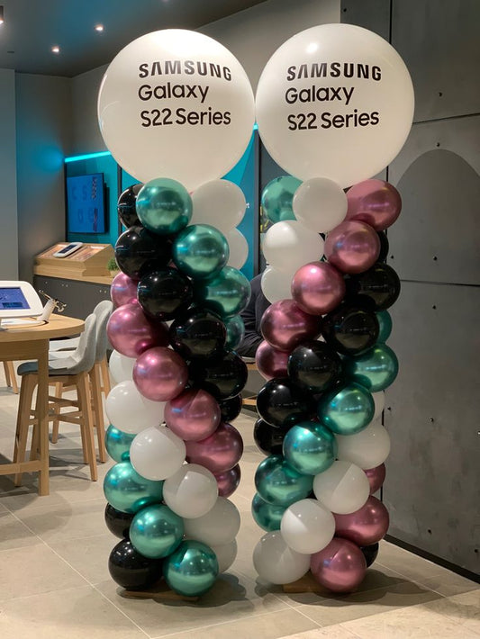 Personalised Company Logo Sticker Balloon White, Black, Chrome Green and Purple Pillar/Column/Tower - Corporate Event, Grand Opening, Company Event Perfect for special occasion!