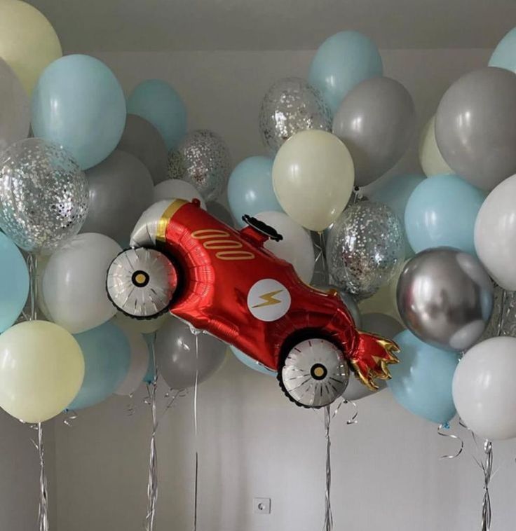 Helium Balloon Racing Car with Latex Yellow, Silver, Gray, White and Clear with Confetti Bunch - Racing Car-Themed Perfect for any Occasions