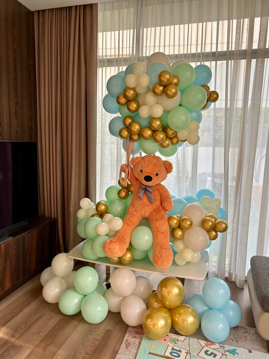 Personalised Customizable Teddy Bear with Balloon Cloud Designed Blue, Mint Green, White and Light Gold - Perfect for special occasion