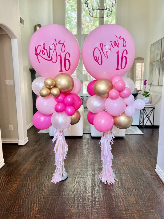 Personalised Bobo Balloon with Different Shades of Pink Latex, Sticker, and Tassel Accents Pillar/Column/Tower – Perfect for Any Elegant Celebrations