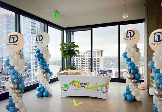 Personalised Company Logo Sticker Balloon Blue, Silver and White Pillar/Column/Tower - Corporate Event, Grand Opening, Company Event Perfect for special occasion!