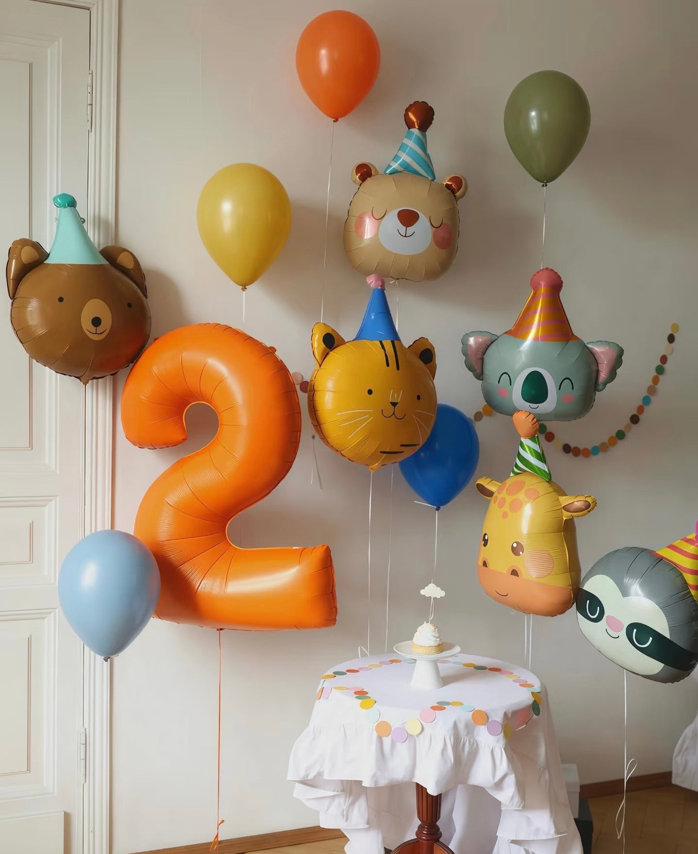 Single Number Set '2' Latex Yellow Orange Green Blue Giraffe Bear Koala Tiger Sloth Animal with Party Hat Helium Foil with Latex Orange Green Yellow Blue Bunch Balloon - Safari Animal Jungle Theme, Perfect for any celebration!