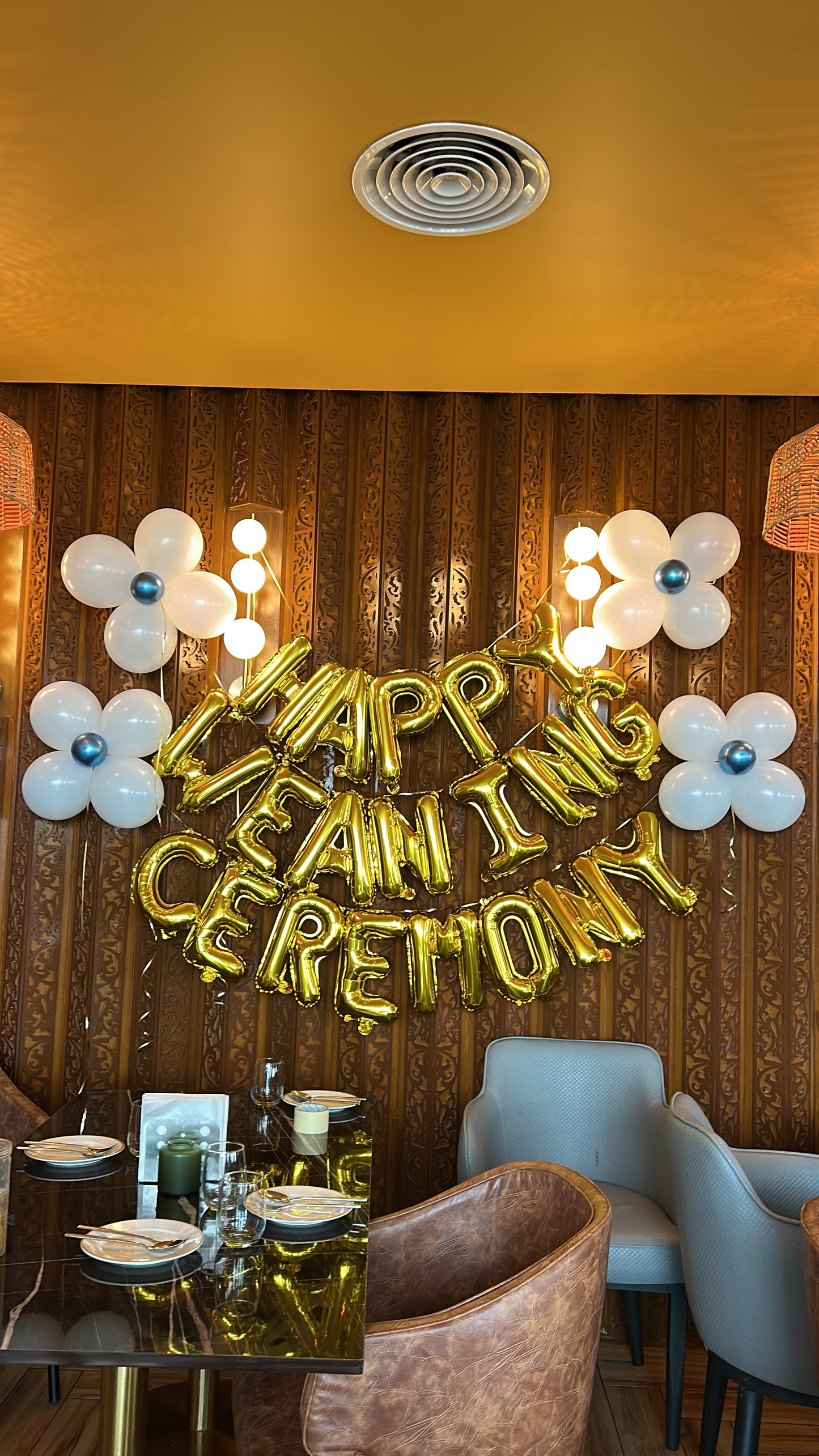 Gold Letter Banner “HAPPY WEANING CEREMONY” with Blue and White Flower Designed Latex accents - Perfect for special occasion!