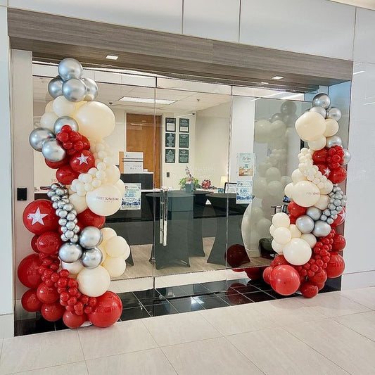Organic Arrangement Garland Balloon Silver, Beige and Red with Customize Sticker accents - Perfect for special occasion