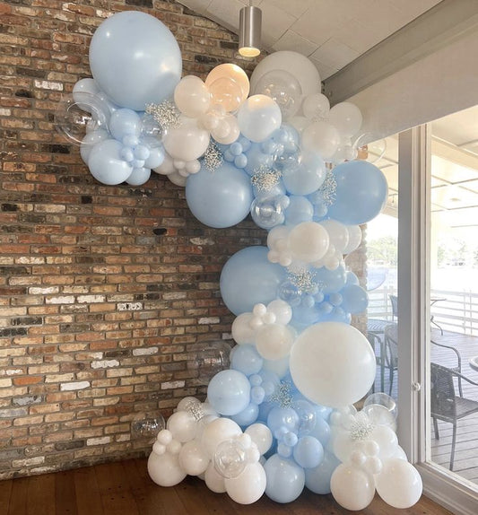 Organic Arrangement Garland Balloon Blue, White and Clear with Artificial Flowers accents - Perfect for special occasion