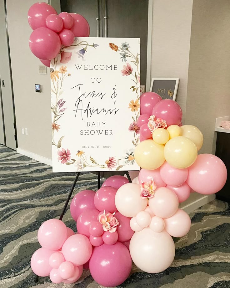 Customizable Canvas with Wooden Stand Welcome Board and Balloon Different Shades of Pink with Yellow and Artificial Flowers accents Organic Chain Arrangement - Perfect for any occasions!