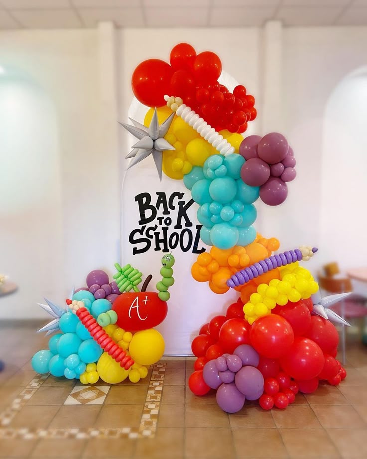 Back To School Customizable Board Backdrop with Balloons Red, Yellow, Purple, Blue, Orange and Green with White Stars accents - Perfect for Back To School and School Events!