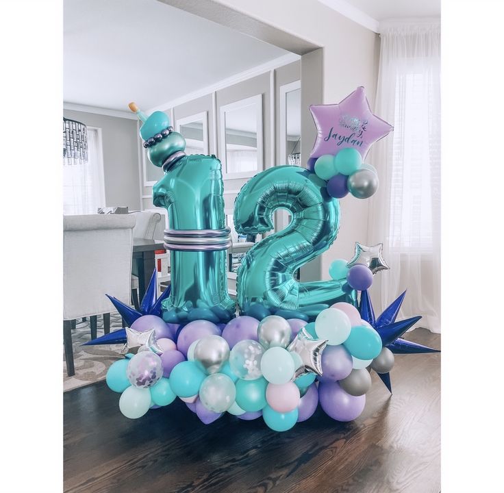Teal Number Platform ‘12’ with Silver, Teal, Purple, White and Clear with Confetti, Star with Customize Sticker and Starburst accents Balloons – Customizable Design