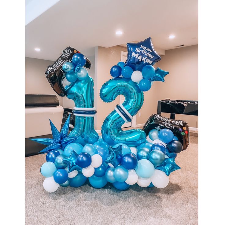 Blue Number Platform ‘12’ with Blue, Shinny Blue and White with Game Controller Foil, Star with Customize Sticker and Starburst accents Balloons – Customizable Design