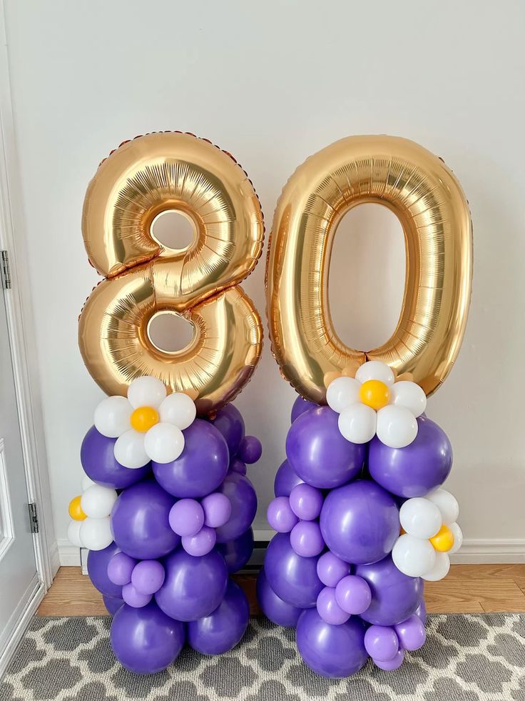 Balloon Purple, Yellow and White with Gold Number Balloon on Stand '80' - Birthday, Perfect for special occasion