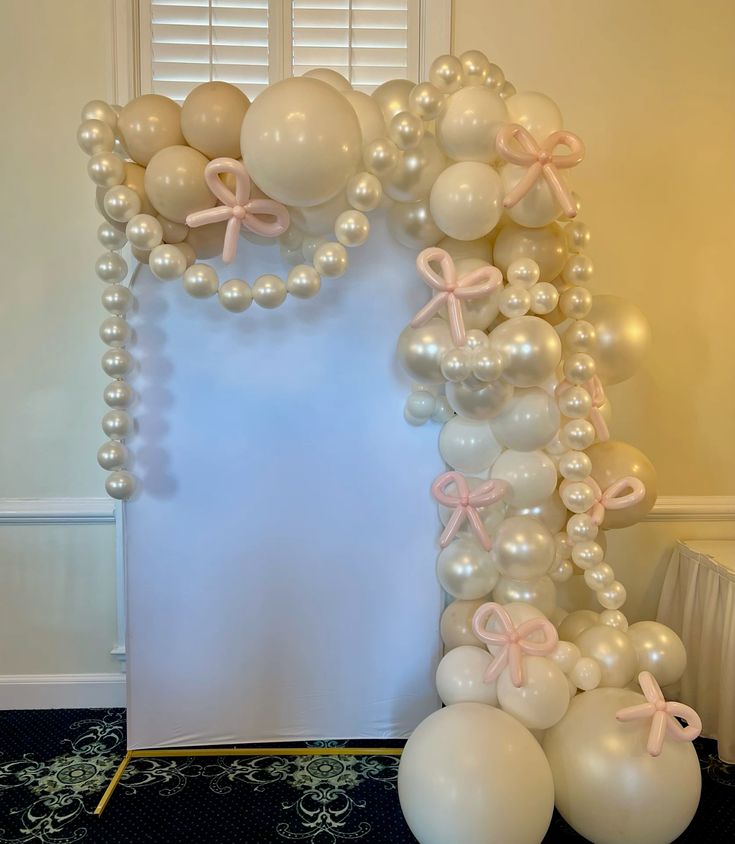 Customizable Board Backdrop with Balloon Pearl White, Beige, White and Pink Ribbon accents - Perfect for special occasion