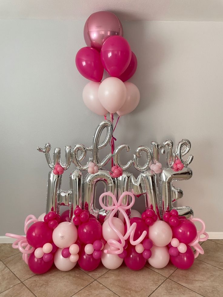 Platform Silver 'WELCOME HOME' with Latex Pink and Deep Pink with Helium Orbs and Latex Bunch – Customizable Design