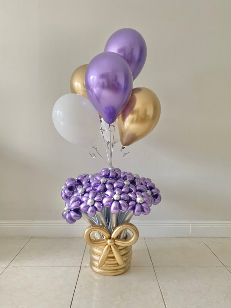 Customize Balloon Bouquet Flowers Colors Chrome Purple, Silver, Light Gold and White with Attached Helium Bunch Latex - Perfect for any special occasions!